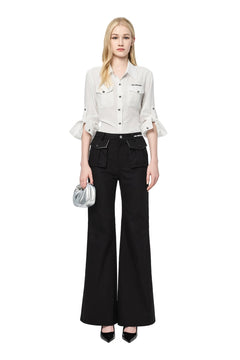 Black 3D Hollow - pocket Cargo Flared Pants - ANN ANDELMAN