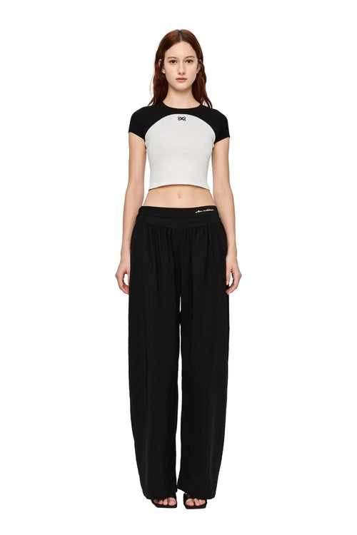Black Acetate Embroidered Curved Trousers - ANN ANDELMAN