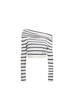 Black and White Striped Knit Off - shoulder Long Sleeve - ANN ANDELMAN