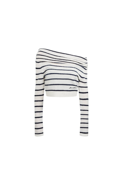 Black and White Striped Knit Off - shoulder Long Sleeve - ANN ANDELMAN