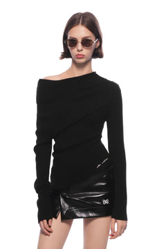 Black Asymmetrical Off - shoulder Knit Top - ANN ANDELMAN