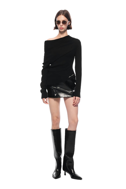 Black Asymmetrical Off - shoulder Knit Top - ANN ANDELMAN