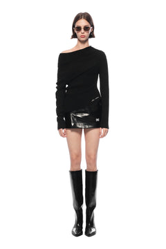 Black Asymmetrical Off - shoulder Knit Top - ANN ANDELMAN