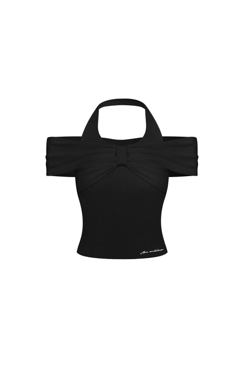 Black Bow - tie Off - shoulder Halter Neck Knit Top - ANN ANDELMAN
