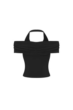 Black Bow - tie Off - shoulder Halter Neck Knit Top - ANN ANDELMAN