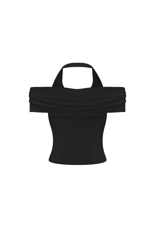 Black Bow - tie Off - shoulder Halter Neck Knit Top - ANN ANDELMAN