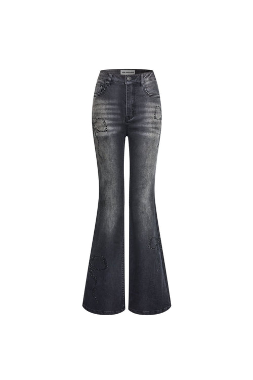 Black Bow - tie Rhinestone Washed Flared Jeans - ANN ANDELMAN