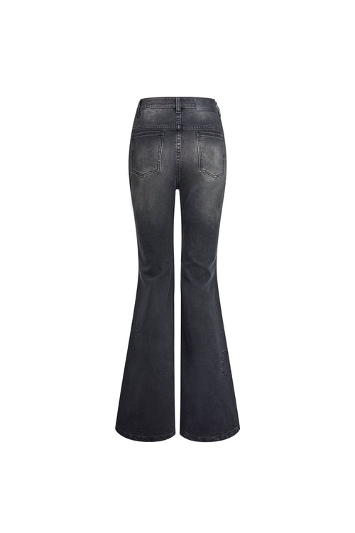Black Bow - tie Rhinestone Washed Flared Jeans - ANN ANDELMAN