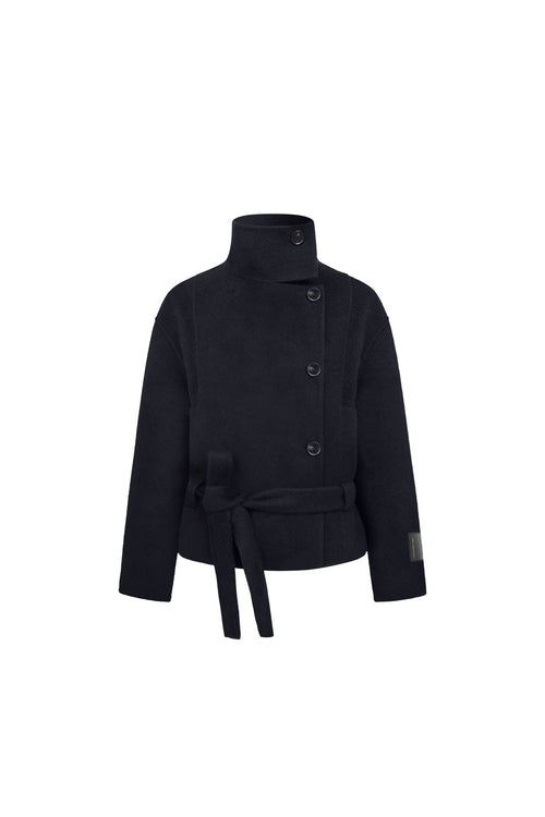 Black Chimney Collar Double-Faced Wool Coat - ANN ANDELMAN