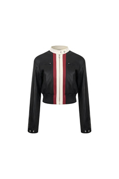 Black Color - blocked Short Biker Faux Leather Jacket - ANN ANDELMAN
