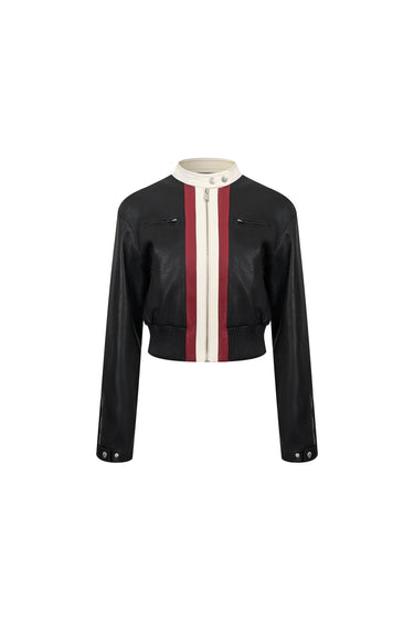 Black Color - blocked Short Biker Faux Leather Jacket - ANN ANDELMAN