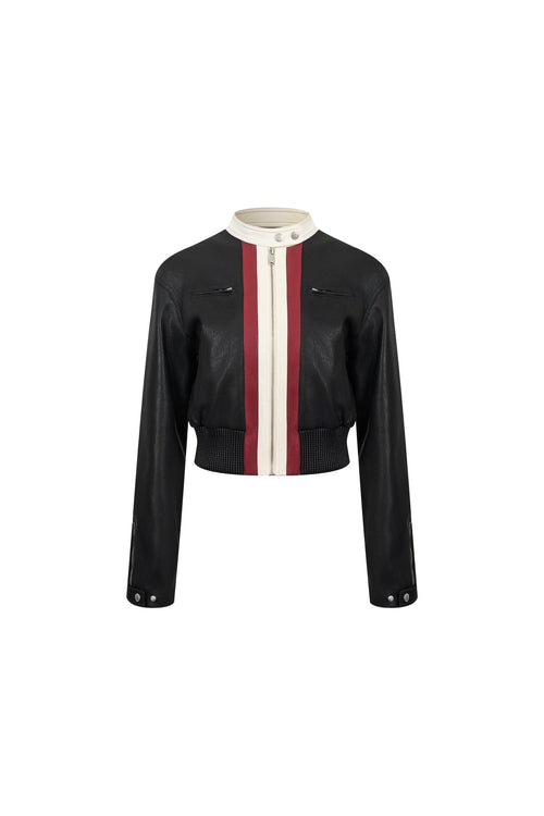Black Color - blocked Short Biker Faux Leather Jacket - ANN ANDELMAN