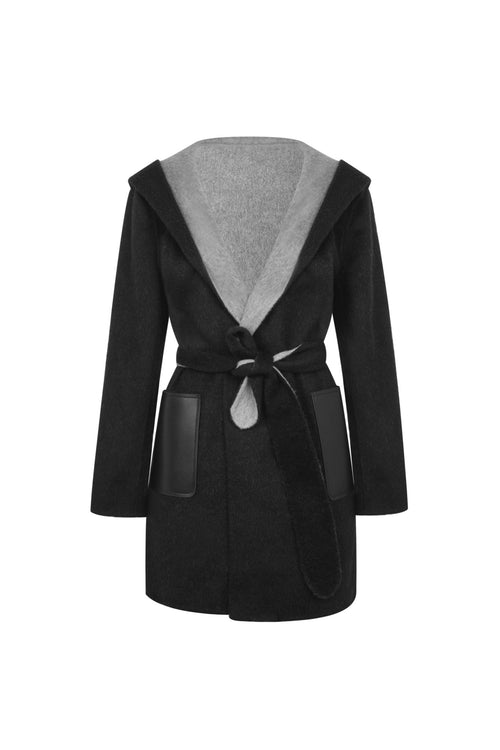 Black Color - blocked Wool Hooded Coat - ANN ANDELMAN