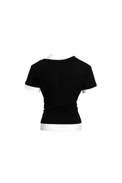 Black Double - collar Slim - fit Short - sleeve Base Shirt - ANN ANDELMAN