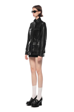 Black Drawstring Waist Cargo Faux Leather Jacket - ANN ANDELMAN