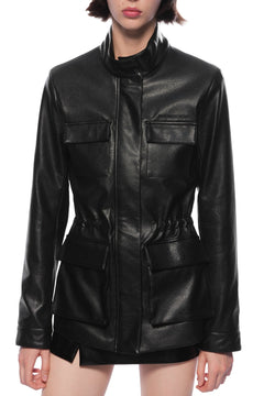 Black Drawstring Waist Cargo Faux Leather Jacket - ANN ANDELMAN