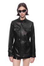 Black Drawstring Waist Cargo Faux Leather Jacket - ANN ANDELMAN