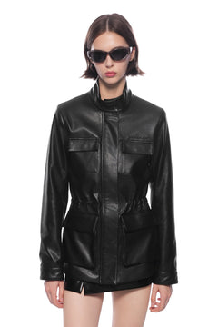 Black Drawstring Waist Cargo Faux Leather Jacket - ANN ANDELMAN