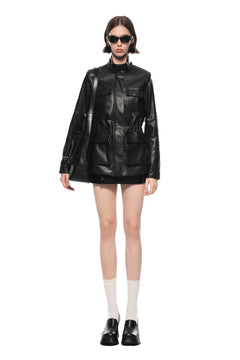 Black Drawstring Waist Cargo Faux Leather Jacket - ANN ANDELMAN