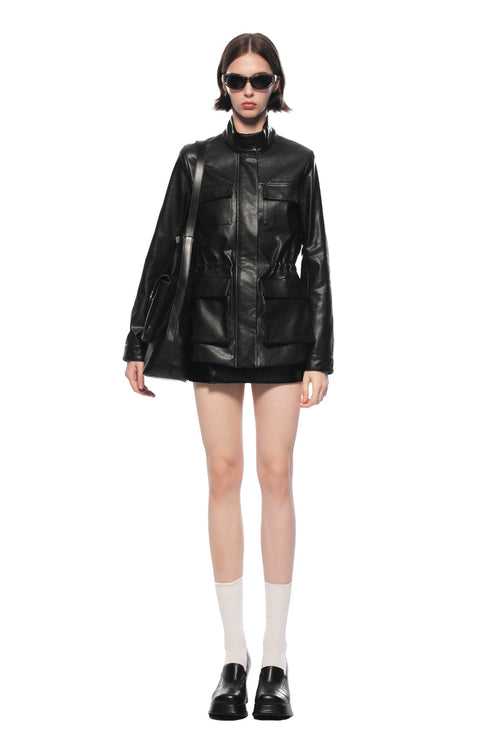 Black Drawstring Waist Cargo Faux Leather Jacket - ANN ANDELMAN