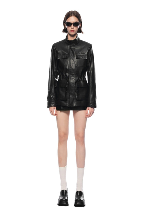Black Drawstring Waist Cargo Faux Leather Jacket - ANN ANDELMAN