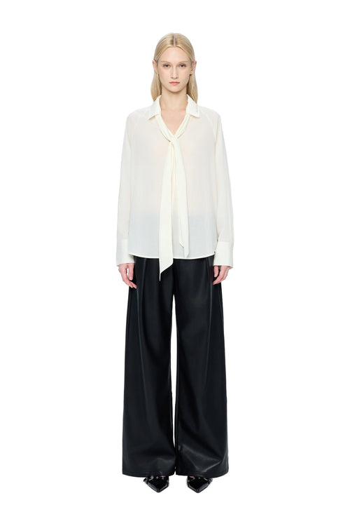 Black Faux Belt Straight-leg Leather Pants - ANN ANDELMAN