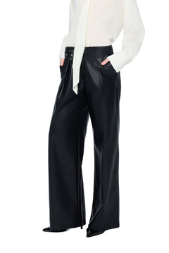 Black Faux Belt Straight-leg Leather Pants - ANN ANDELMAN