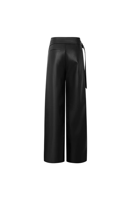 Black Faux Belt Straight-leg Leather Pants - ANN ANDELMAN
