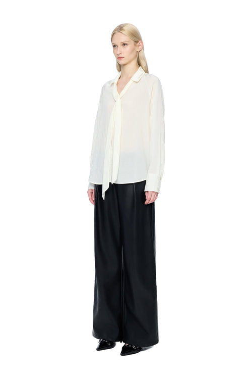 Black Faux Belt Straight-leg Leather Pants - ANN ANDELMAN
