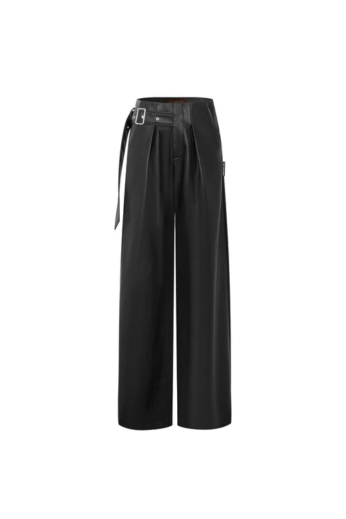 Black Faux Belt Straight-leg Leather Pants - ANN ANDELMAN