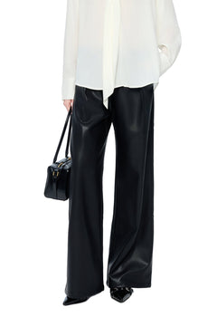 Black Faux Belt Straight-leg Leather Pants - ANN ANDELMAN