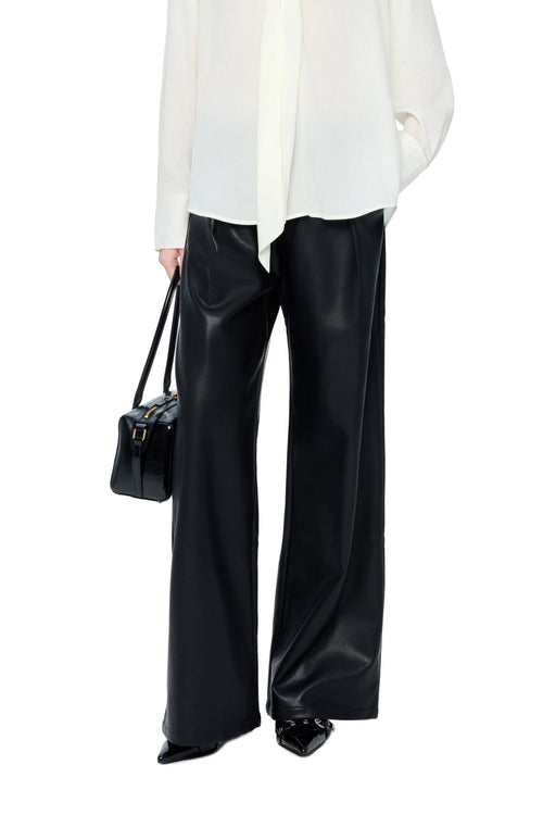 Black Faux Belt Straight-leg Leather Pants - ANN ANDELMAN