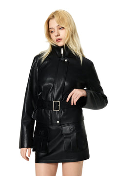 Black Faux Leather Jacket With Lace - up Collar - ANN ANDELMAN