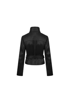 Black Faux Leather Jacket With Lace - up Collar - ANN ANDELMAN