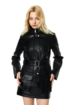 Black Faux Leather Jacket With Lace - up Collar - ANN ANDELMAN