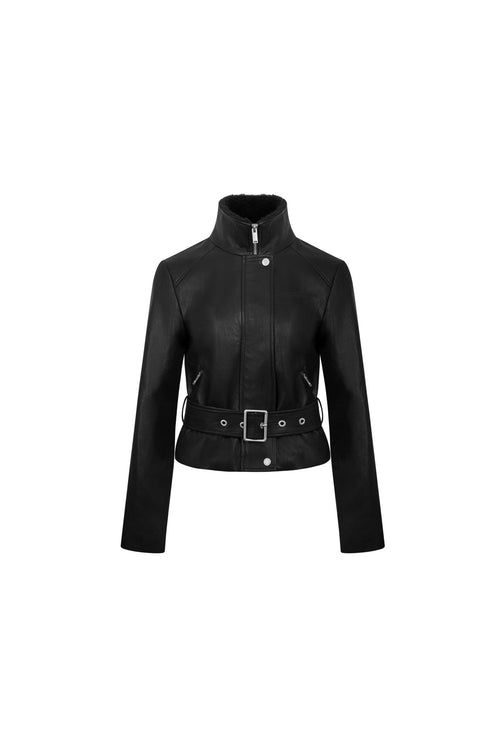 Black Faux Leather Jacket With Lace - up Collar - ANN ANDELMAN