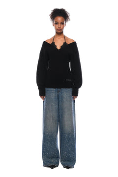 Black Faux Two - piece Rhinestone Knit Cardigan - ANN ANDELMAN