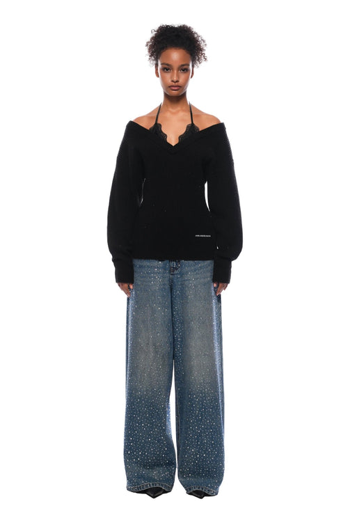 Black Faux Two - piece Rhinestone Knit Cardigan - ANN ANDELMAN