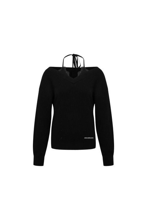 Black Faux Two - piece Rhinestone Knit Cardigan - ANN ANDELMAN