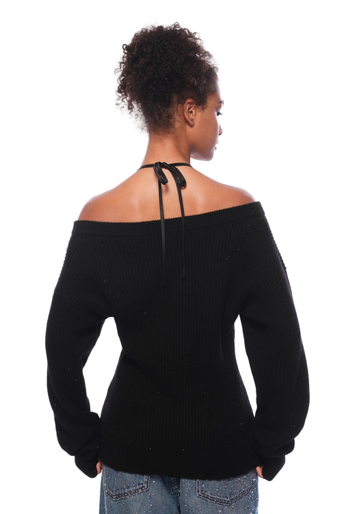 Black Faux Two - piece Rhinestone Knit Cardigan - ANN ANDELMAN