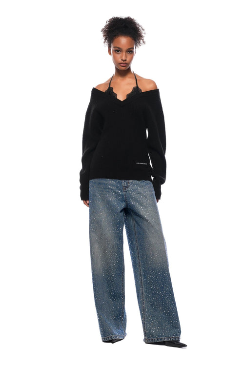 Black Faux Two - piece Rhinestone Knit Cardigan - ANN ANDELMAN