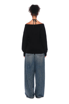 Black Faux Two - piece Rhinestone Knit Cardigan - ANN ANDELMAN