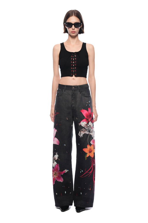 Black Floral Wide - leg Jeans - ANN ANDELMAN