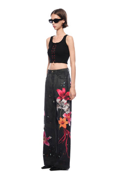 Black Floral Wide - leg Jeans - ANN ANDELMAN