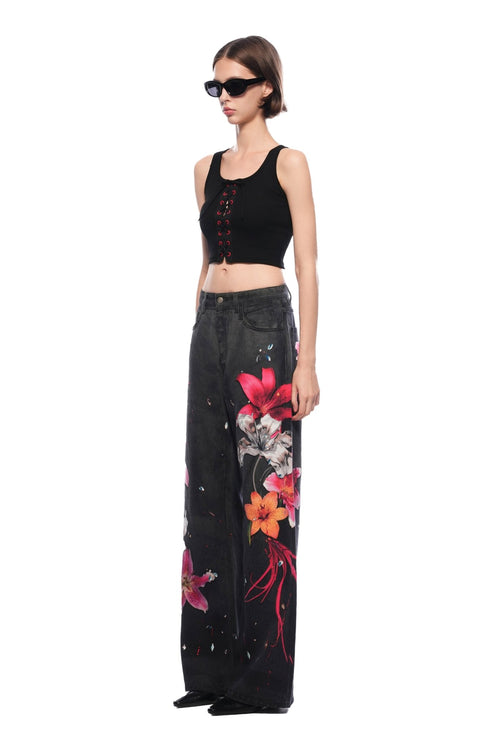 Black Floral Wide - leg Jeans - ANN ANDELMAN