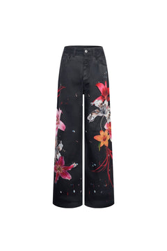 Black Floral Wide - leg Jeans - ANN ANDELMAN