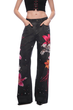 Black Floral Wide - leg Jeans - ANN ANDELMAN