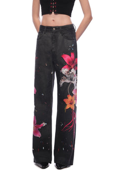 Black Floral Wide - leg Jeans - ANN ANDELMAN