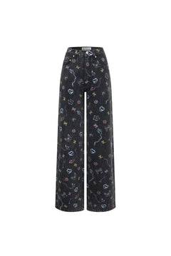 Black Graphic Printed Washed Distressed Jeans - ANN ANDELMAN