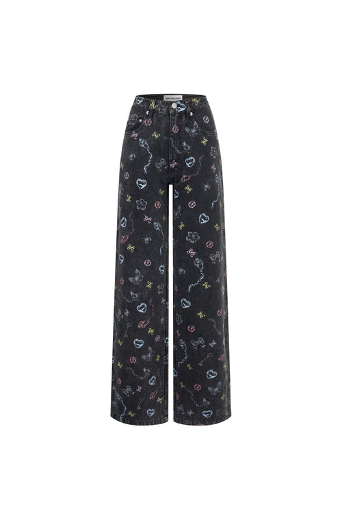 Black Graphic Printed Washed Distressed Jeans - ANN ANDELMAN